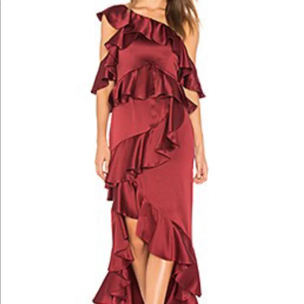 AMUR LORELAI BURGUNDY RUFFLE SATIN GOWN